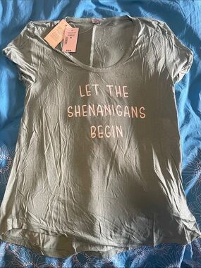 Kismet Olive Green Tee with Light Pink Tag